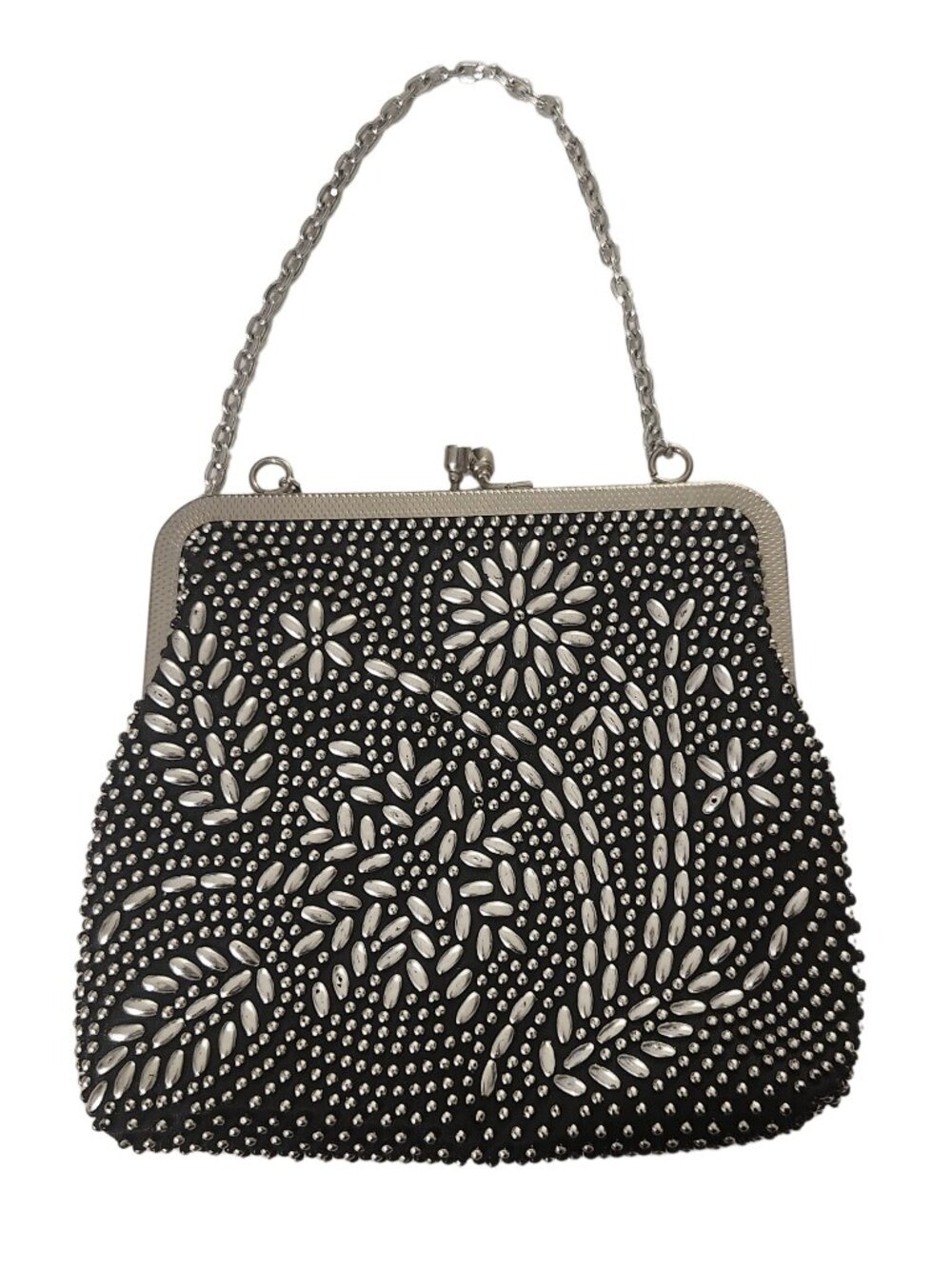 Vintage Black Silver Beaded Floral Evening Bag Purse Chain Handle